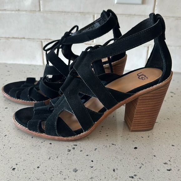 UGG Harris Black Suede Strappy Stacked Block Heeled Sandals Women’s Size 11 EUC - Picture 1 of 16